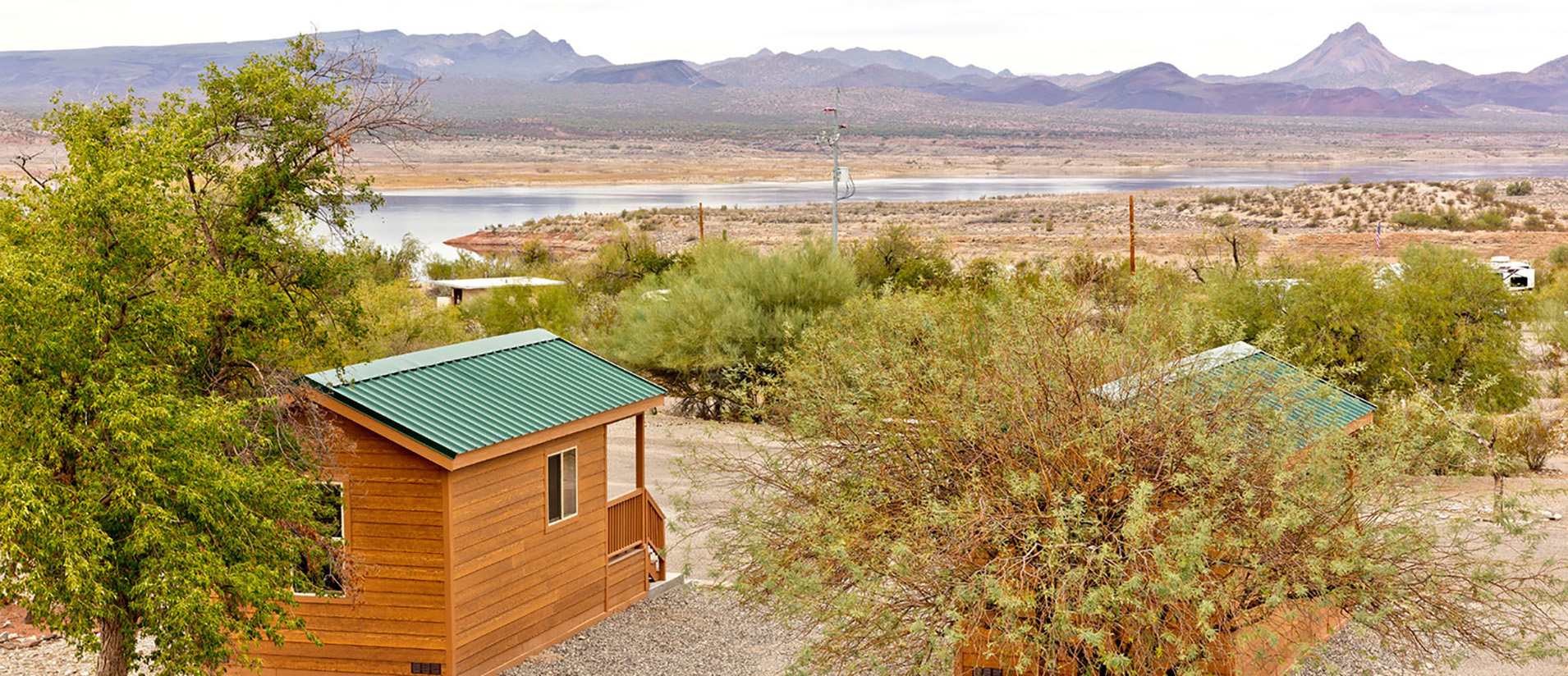 A view from over one of the cabins looking toward the lake at the park