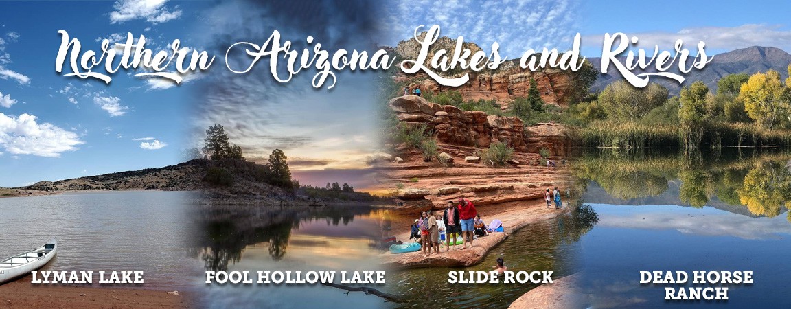 Photo collage that shows a variety of Northern Arizona Lakes and Rivers Water Recreation Opportunities