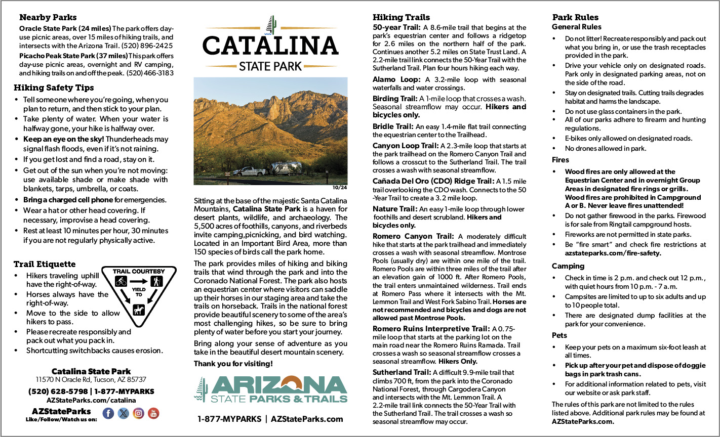 Click the park brochure to access Catalina State Park trail maps. 