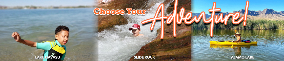 Three image collage. Choose your adventure. Arizona State parks Water Recreation Options