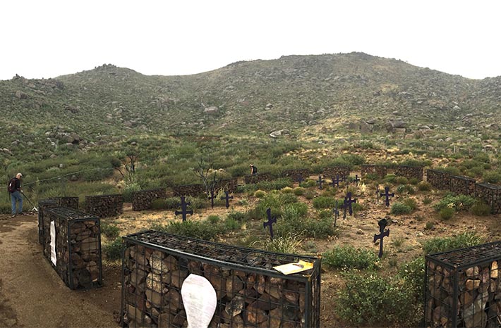 The gabion baskets surrounding the fatality site