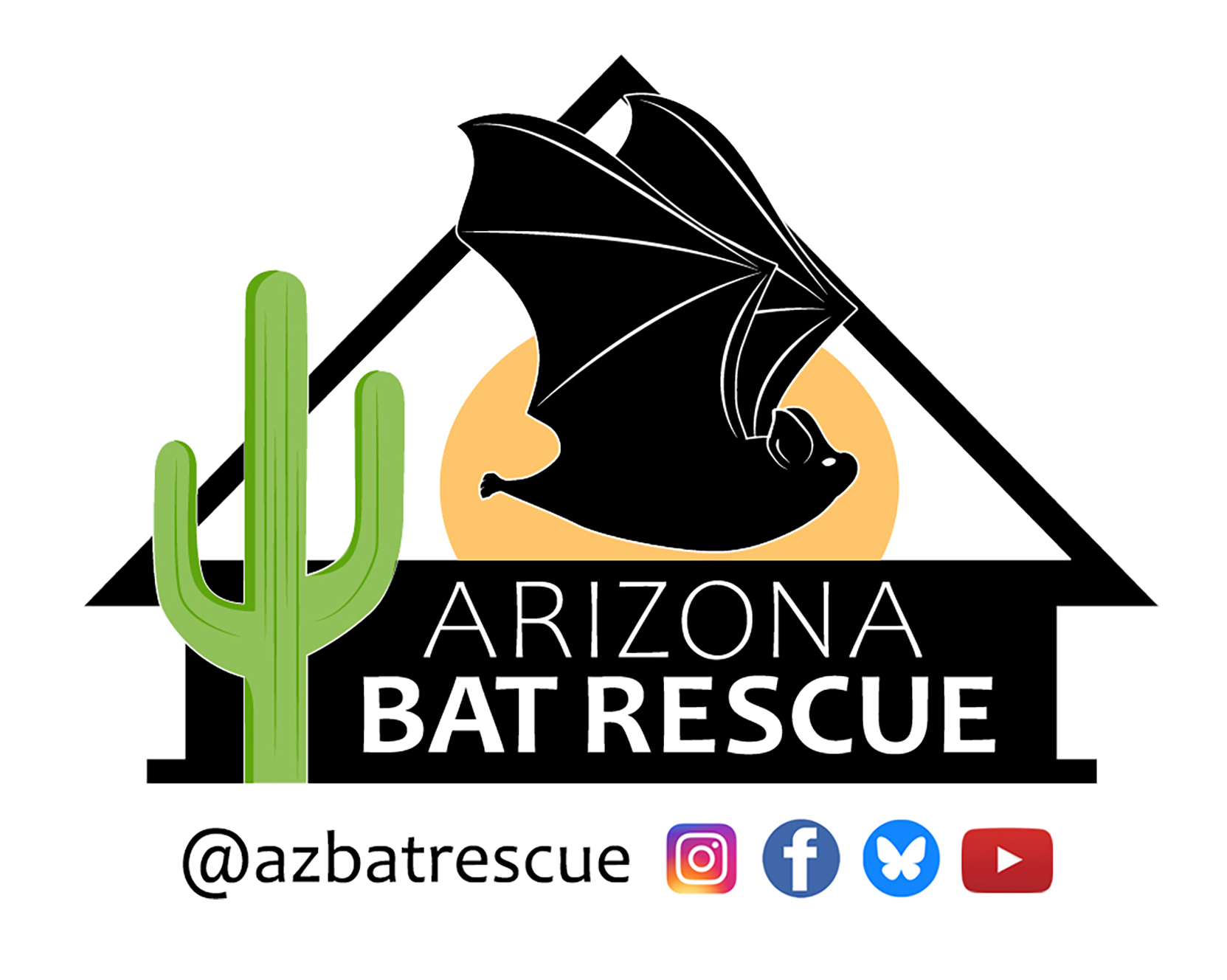 A logo with a black outline of a house, a sahuaro cactus to the right, a picture of a bat in front of a full moon, text - Arizona Bat Rescue