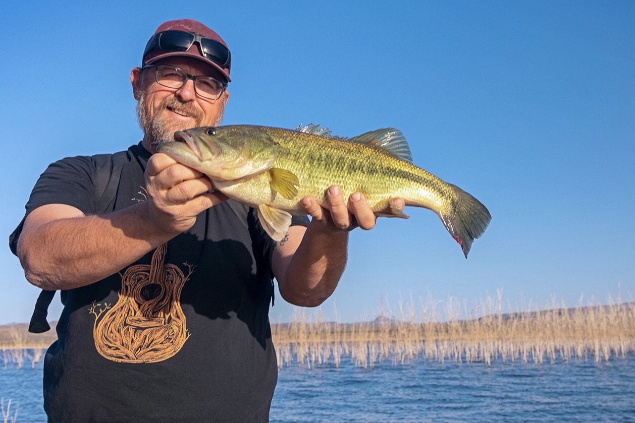 A man holding a big green bass fish with a lake in the background.