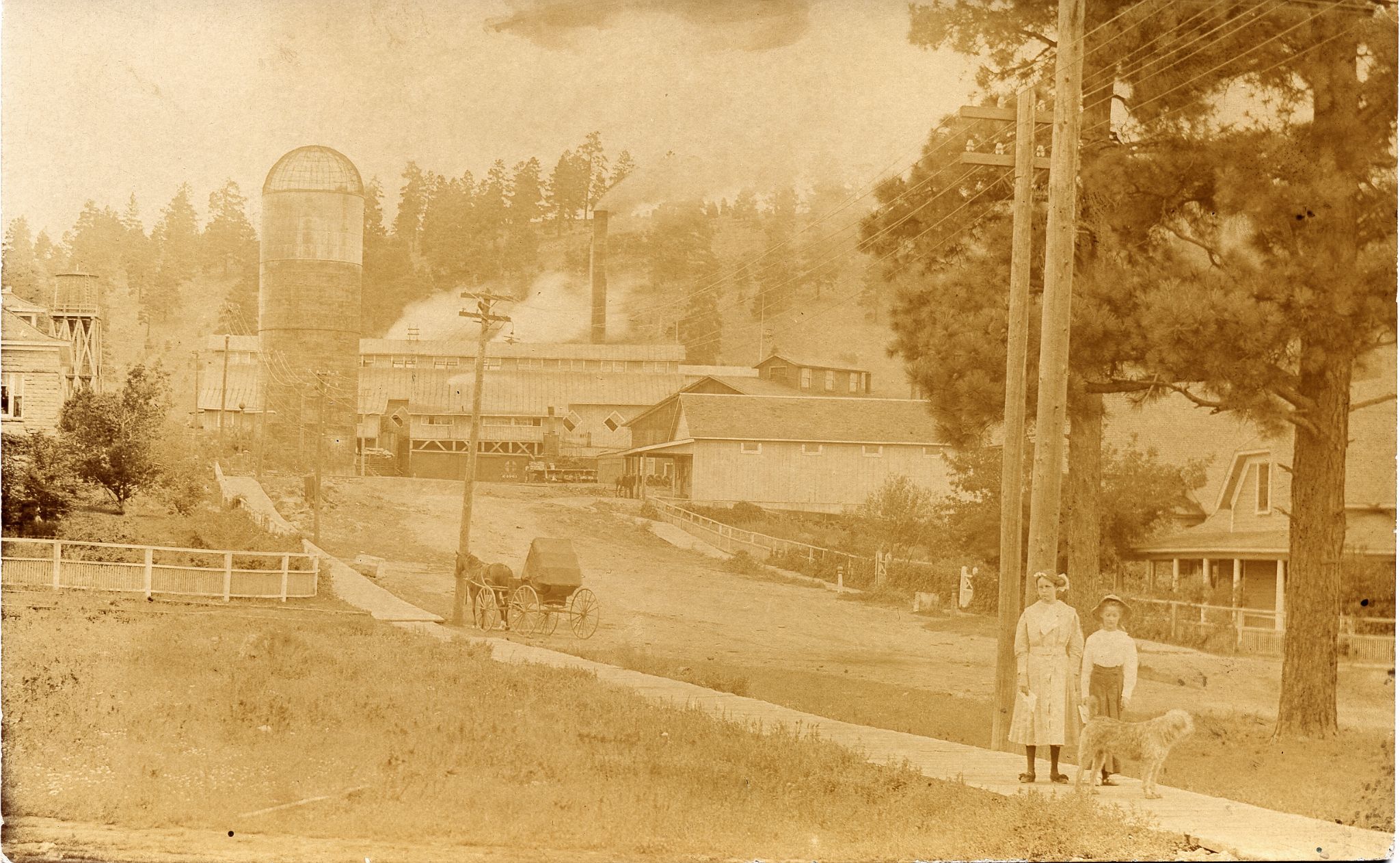 A sepia-toned historic photo of a road running through Milton townsite.