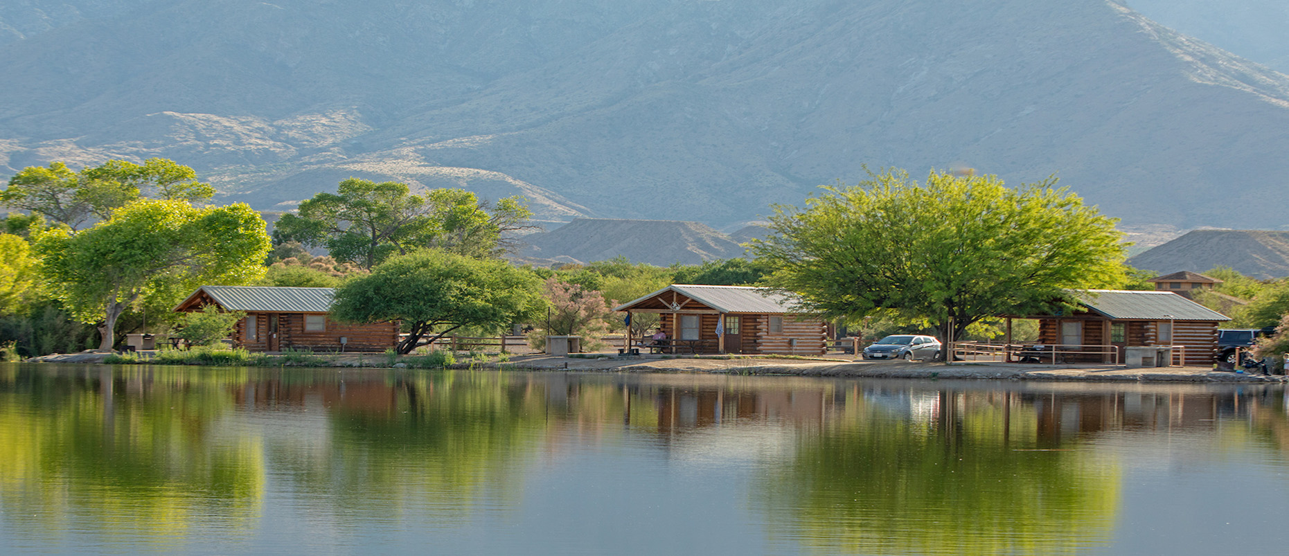 A view of the shoreline cabins at Roper Lake State Park