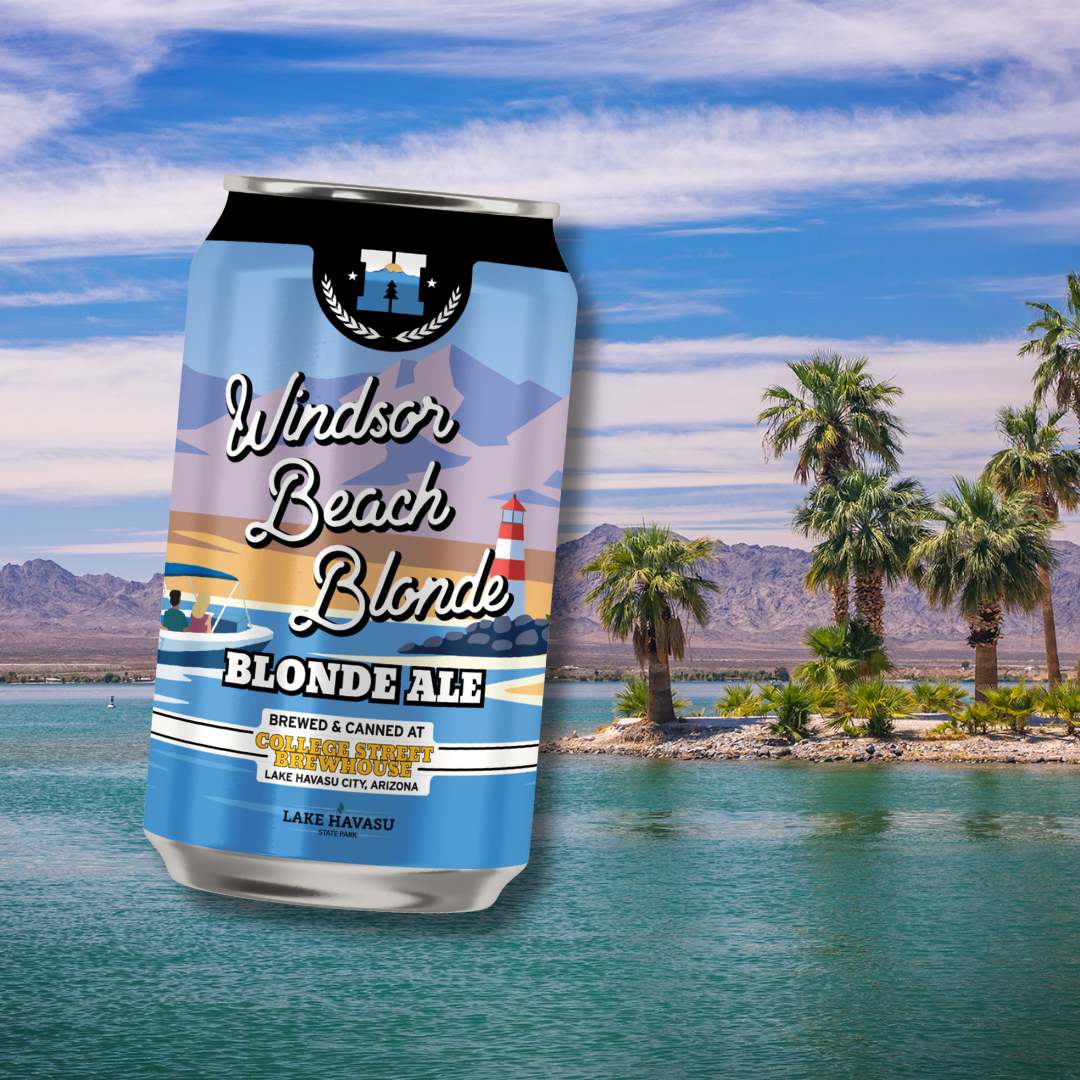 The Windsor Beach Blonde beer can over a photo of the lake and a beach with palm trees, with mountains in the distance.