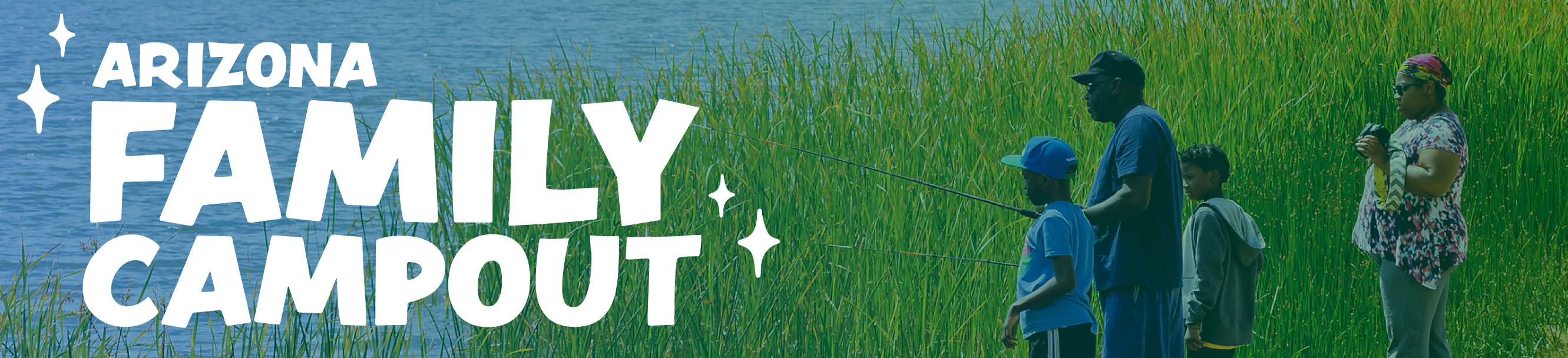 Arizona Family Campout logo overlayed image of a family fishing at Roper Lake State Park