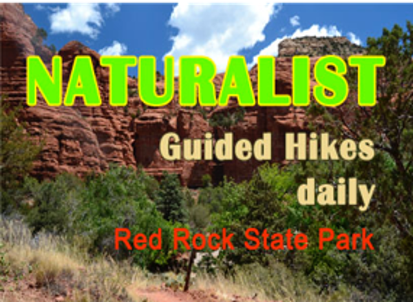 A photo of the red rocks with text overlay that reads "Naturalist Guided Hikes daily."