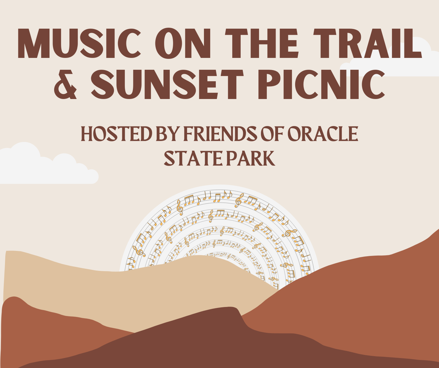 Music on the Trails & Sunset Picnic logo on tan background with cloud in the sky, brown mountains in background